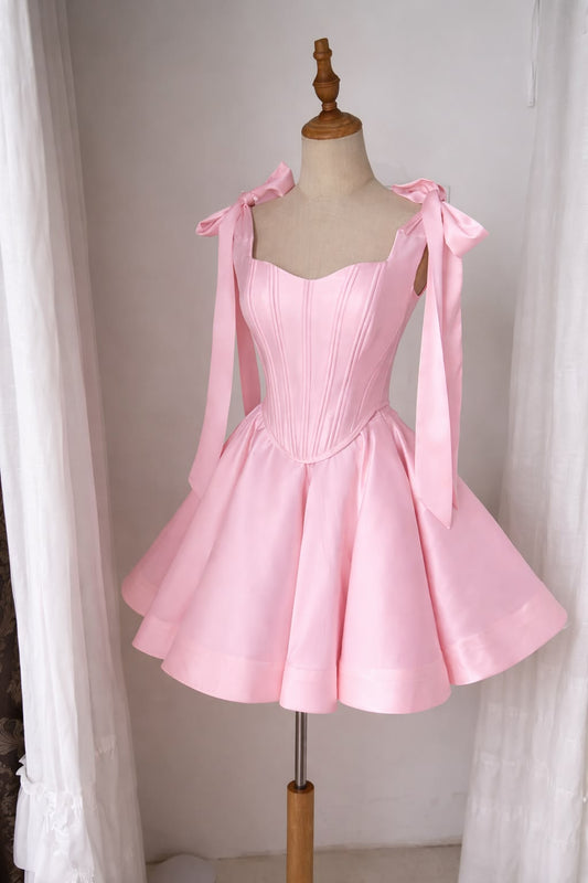 Chic Cocktail Ball Gown Spaghetti Strap Pink Satin Formal 17th Birthday Outfits Homecoming Dresses MP683