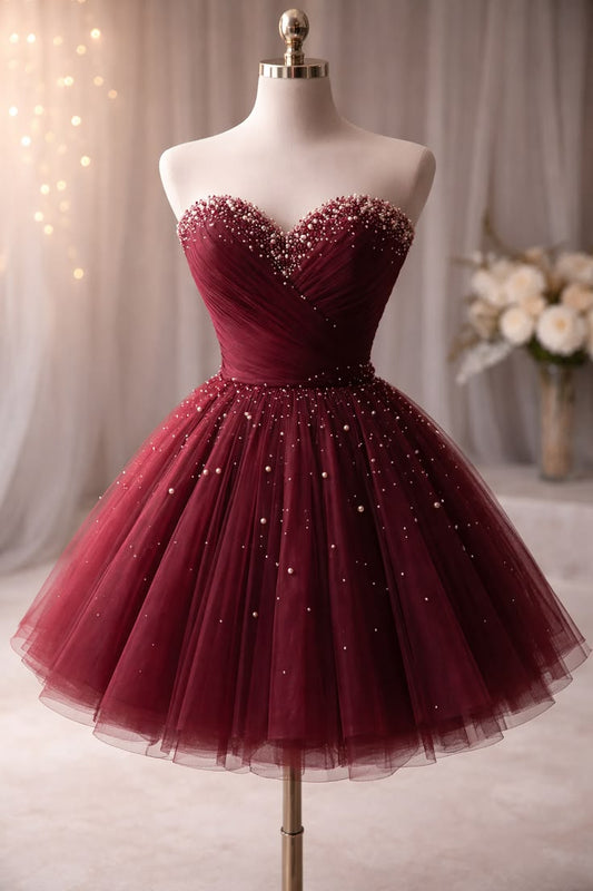 Prinzessin Ballkleid Herzform Burgunder Tüll Abschluss Kurz Homecoming Kleid 15. Geburtstag Outfits MP828