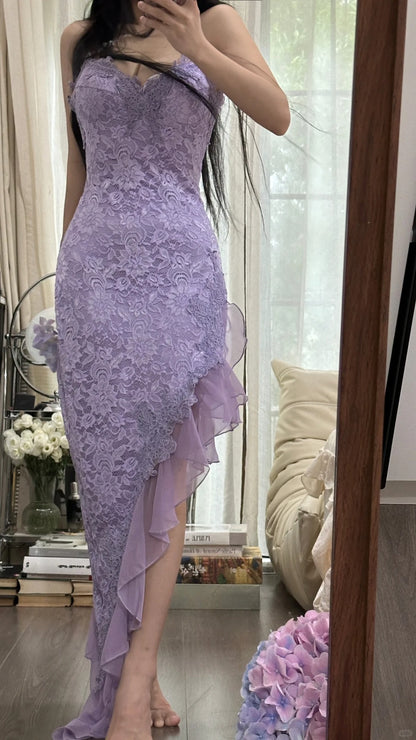 Sexy Meerjungfrau Spaghettiträger Lila Spitze Unregelmäßiges Ärmelloses Abendkleid Ballkleid MP1103