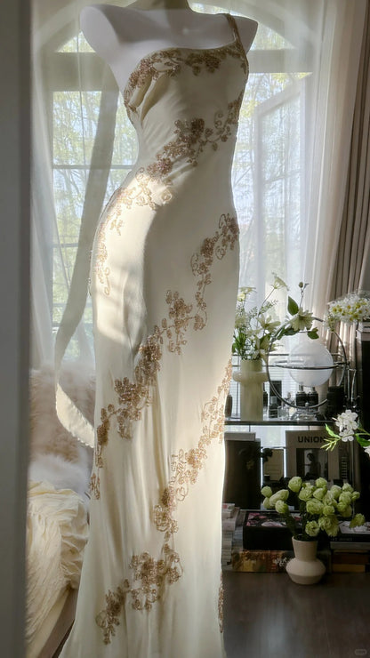 Vintage Mermaid One Shoulder Ivory Gown With Beading Evening Night Long Prom Dresses MP991
