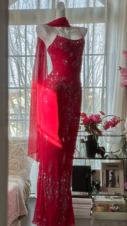 Modest Mermaid Spaghetti Strap Red With Crystals Chiffon Beaded Evening Night Gown Sleeveless Prom Dresses MP1028