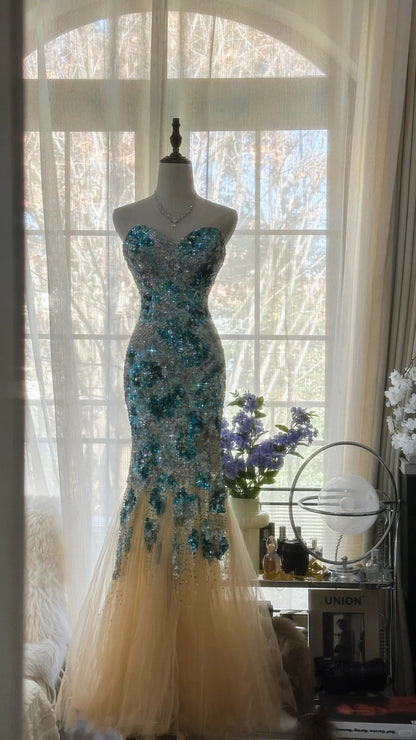 Sexy Mermaid Sweetheart Champagne Tulle With Blue Applique Long Sleeveless Formal Gown Prom Dresses MP1094