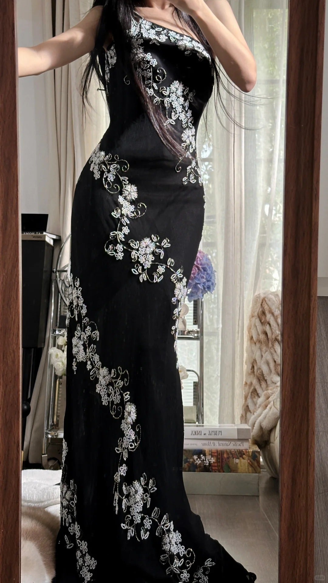 Magnifique Robe de Bal Sirène Asymétrique en Chiffon Noir avec Cristaux Longueur Ras du Sol sans Manches Robe de Soirée MP1130