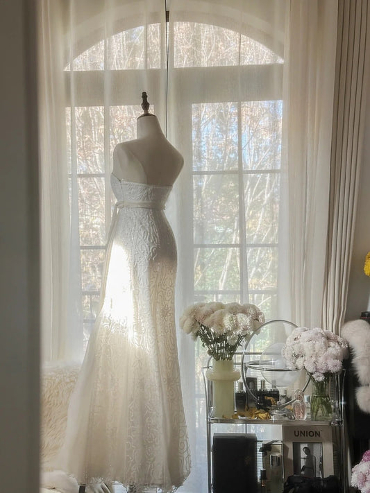 Pretty Mermaid Strapless White Sequin With Beading Long Sleeveless Formal Gowns Prom Dresses MP1125