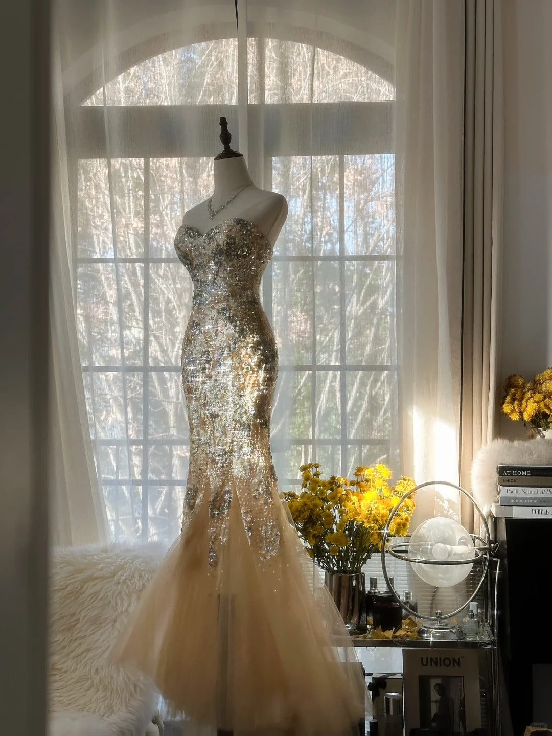 Sparkly Mermaid Sweetheart Champagne Tulle With Lace Sleeveless Formal Outfits Prom Dresses MP1112