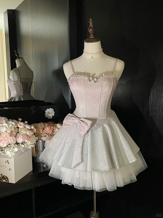 Hübsche Cocktailkleider Ballkleid Spaghettiträger Rosa Pailletten Kurz Mini Geburtstag Heimkehr Kleid MP628