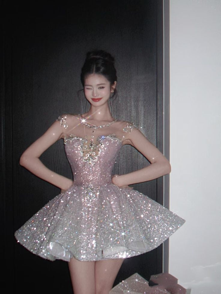 Sparkly Ball Gown Scoop Pink Sequin For High School Teens Homecoming Dresses Mini Hoco Gown Party Dress MP1277