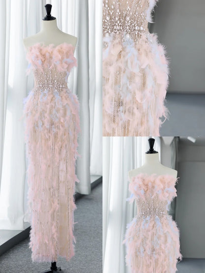 Sweet Pale Pink Prom Dresses Inspiration Feather Beads Formal Dress MP229