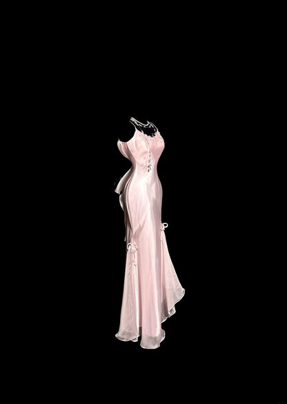 Elegant Long Prom Dresses Pink Mermaid Spaghetti Strap With Lace Satin Formal Dress Graduation Gown MP364