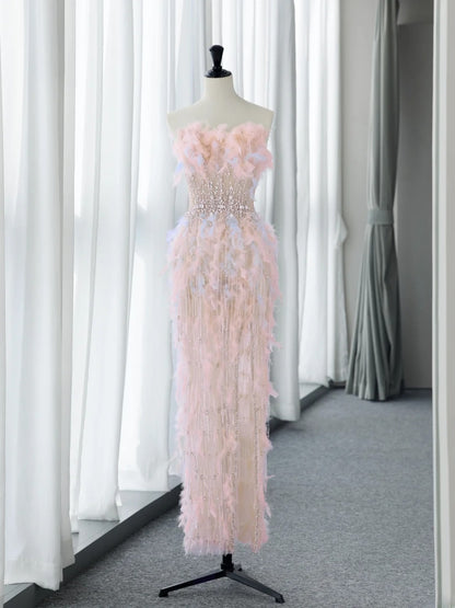 Sweet Pale Pink Prom Dresses Inspiration Feather Beads Formal Dress MP229