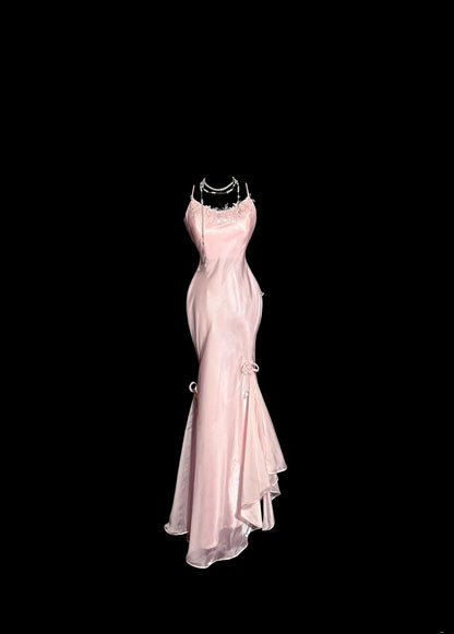 Elegant Long Prom Dresses Pink Mermaid Spaghetti Strap With Lace Satin Formal Dress Graduation Gown MP364