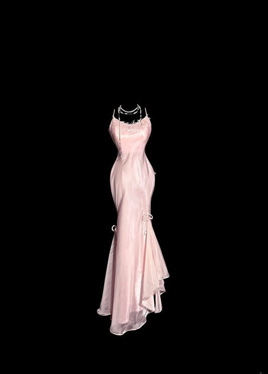 Elegant Long Prom Dresses Pink Mermaid Spaghetti Strap With Lace Satin Formal Dress Graduation Gown MP364