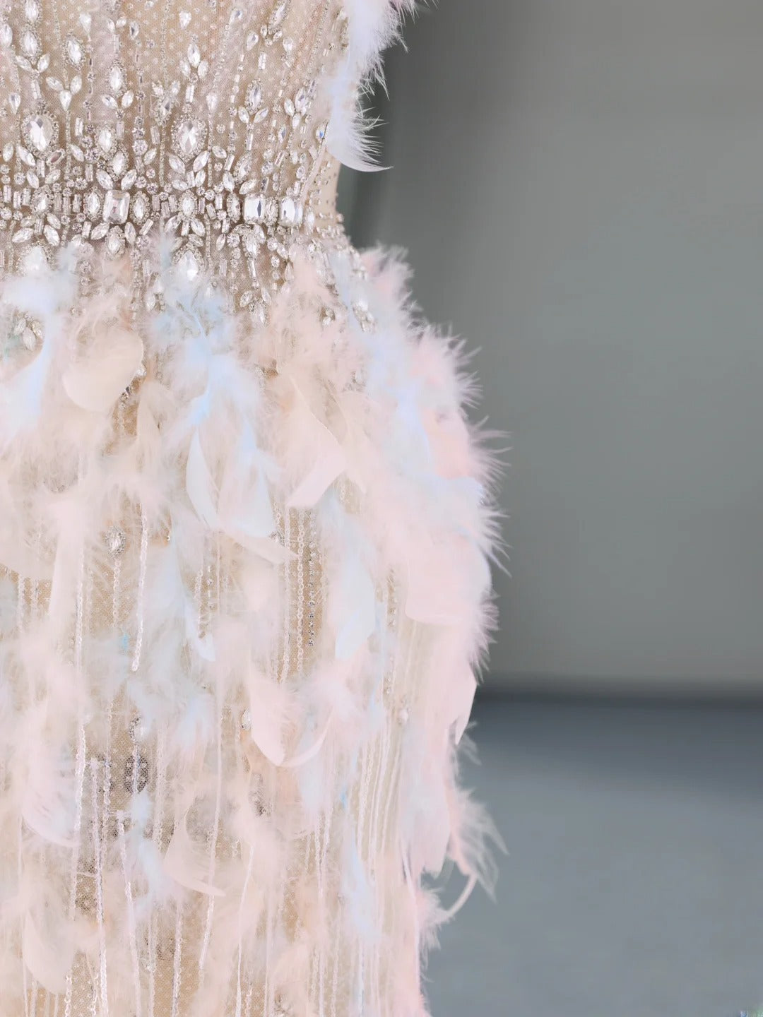 Sweet Pale Pink Prom Dresses Inspiration Feather Beads Formal Dress MP229