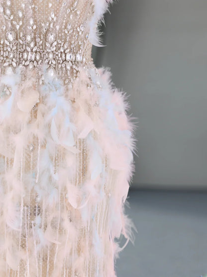 Sweet Pale Pink Prom Dresses Inspiration Feather Beads Formal Dress MP229