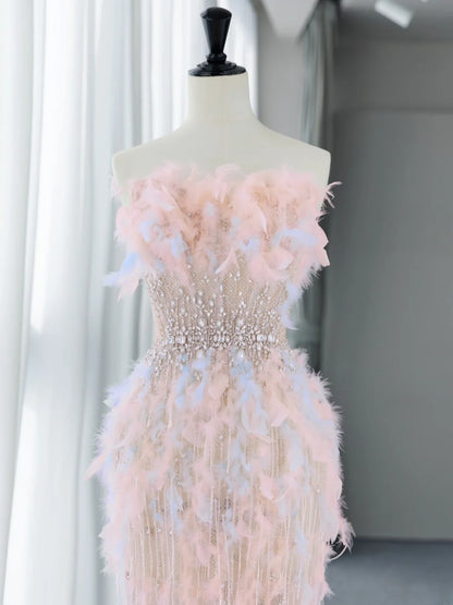 Sweet Pale Pink Prom Dresses Inspiration Feather Beads Formal Dress MP229