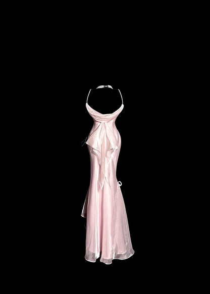 Elegant Long Prom Dresses Pink Mermaid Spaghetti Strap With Lace Satin Formal Dress Graduation Gown MP364