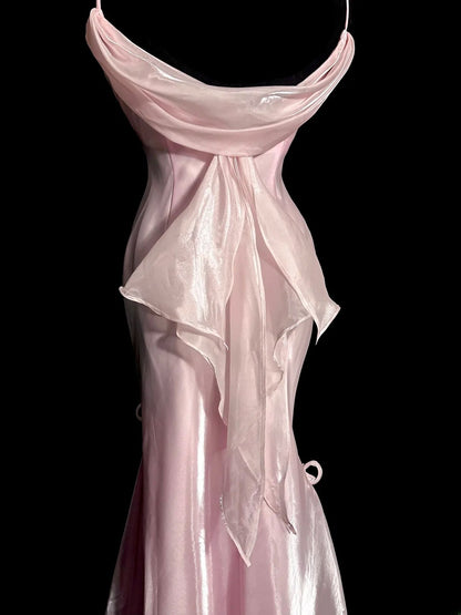 Elegant Long Prom Dresses Pink Mermaid Spaghetti Strap With Lace Satin Formal Dress Graduation Gown MP364