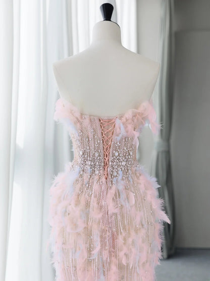 Sweet Pale Pink Prom Dresses Inspiration Feather Beads Formal Dress MP229