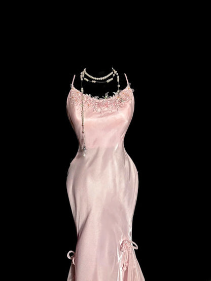Elegant Long Prom Dresses Pink Mermaid Spaghetti Strap With Lace Satin Formal Dress Graduation Gown MP364
