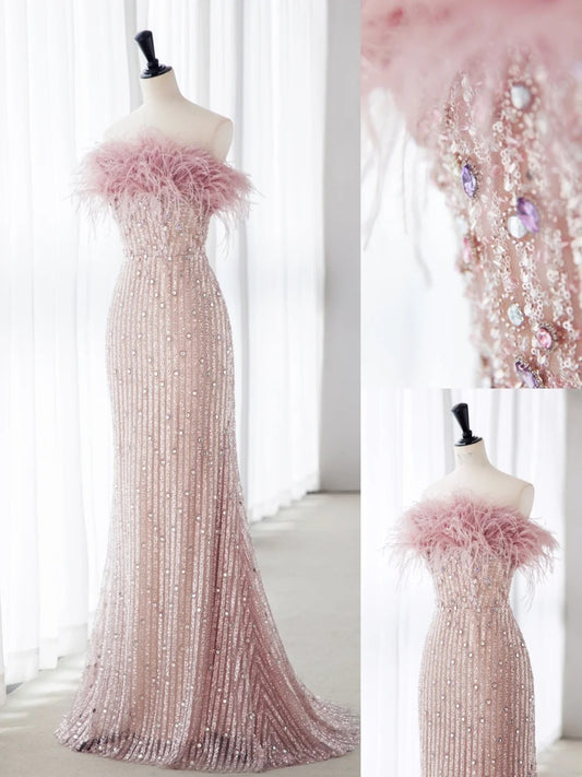 Sleek Light Pink Mermaid Prom Dresses Beads Feather Long Formal Dress MP230