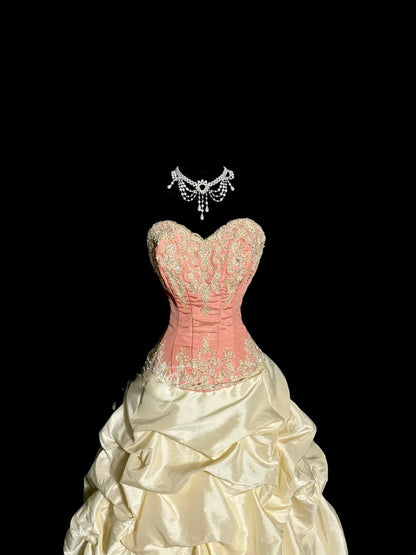 Robes de bal longues vintage roses Robe de bal bustier en taffetas avec dentelle Robe de soirée de remise de diplôme MP365