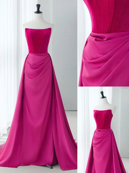 Einzigartige A-Linie Hot Pink Abschlussballkleider Trägerloses langes Ballkleid MP231