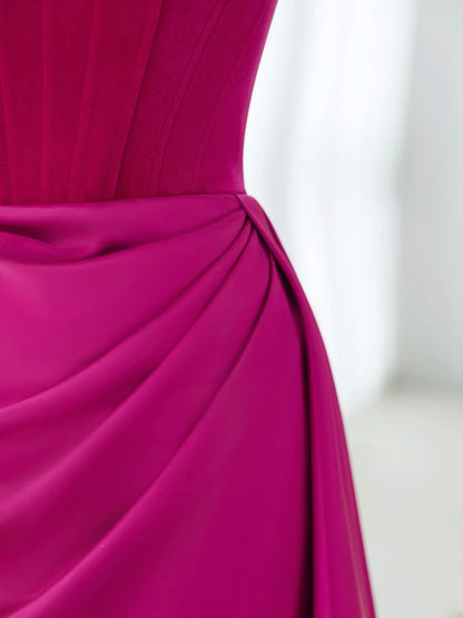 Einzigartige A-Linie Hot Pink Abschlussballkleider Trägerloses langes Ballkleid MP231