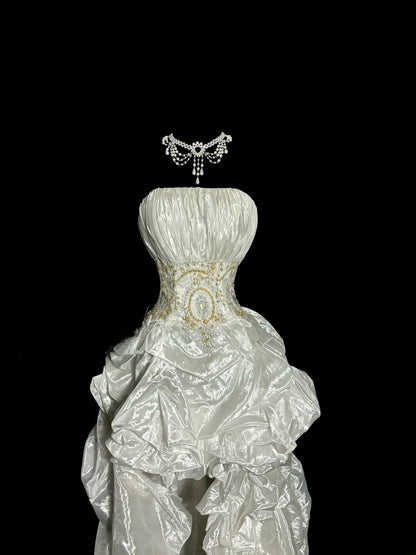 Vintage Long Prom Dresses Silver Ball Gown Strapless High Low Taffeta Formal Dresses Graduation Gown MP366