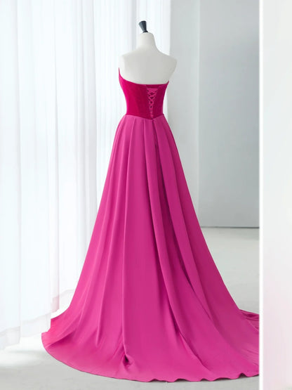 Einzigartige A-Linie Hot Pink Abschlussballkleider Trägerloses langes Ballkleid MP231