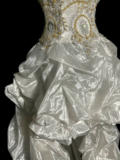 Vintage Long Prom Dresses Silver Ball Gown Strapless High Low Taffeta Formal Dresses Graduation Gown MP366