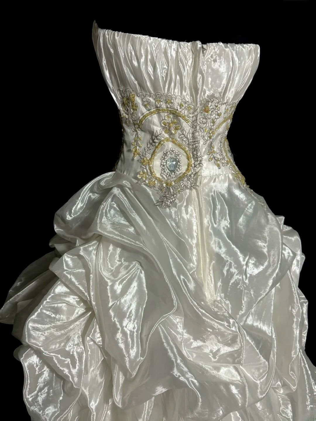 Vintage Long Prom Dresses Silver Ball Gown Strapless High Low Taffeta Formal Dresses Graduation Gown MP366