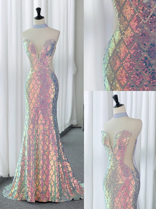 Fancy Prom Dresses Aesthetic Strapless Sequins Long Mermaid Formal Dress MP232