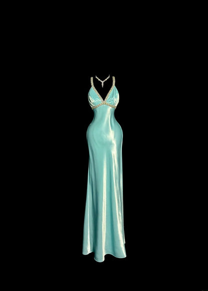 Elegant Long Prom Dresses Blue Mermaid Spaghetti Strap V Neck Satin Formal Dress Graduation Gown MP367