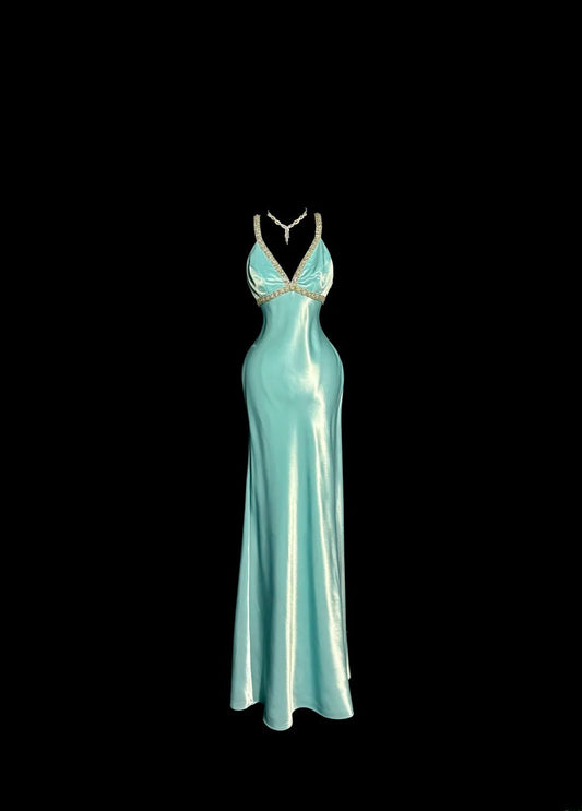 Elegant Long Prom Dresses Blue Mermaid Spaghetti Strap V Neck Satin Formal Dress Graduation Gown MP367