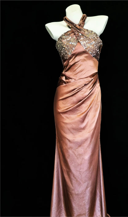 Robes de bal longues rose vintage moulantes à licou esthétique pour l'année de fin d'études 2026 Robe de soirée MP089