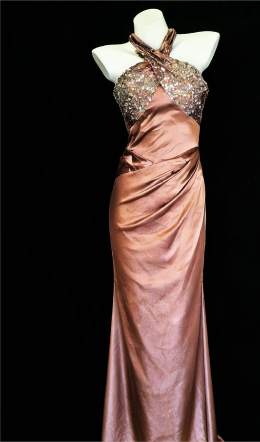Robes de bal longues rose vintage moulantes à licou esthétique pour l'année de fin d'études 2026 Robe de soirée MP089