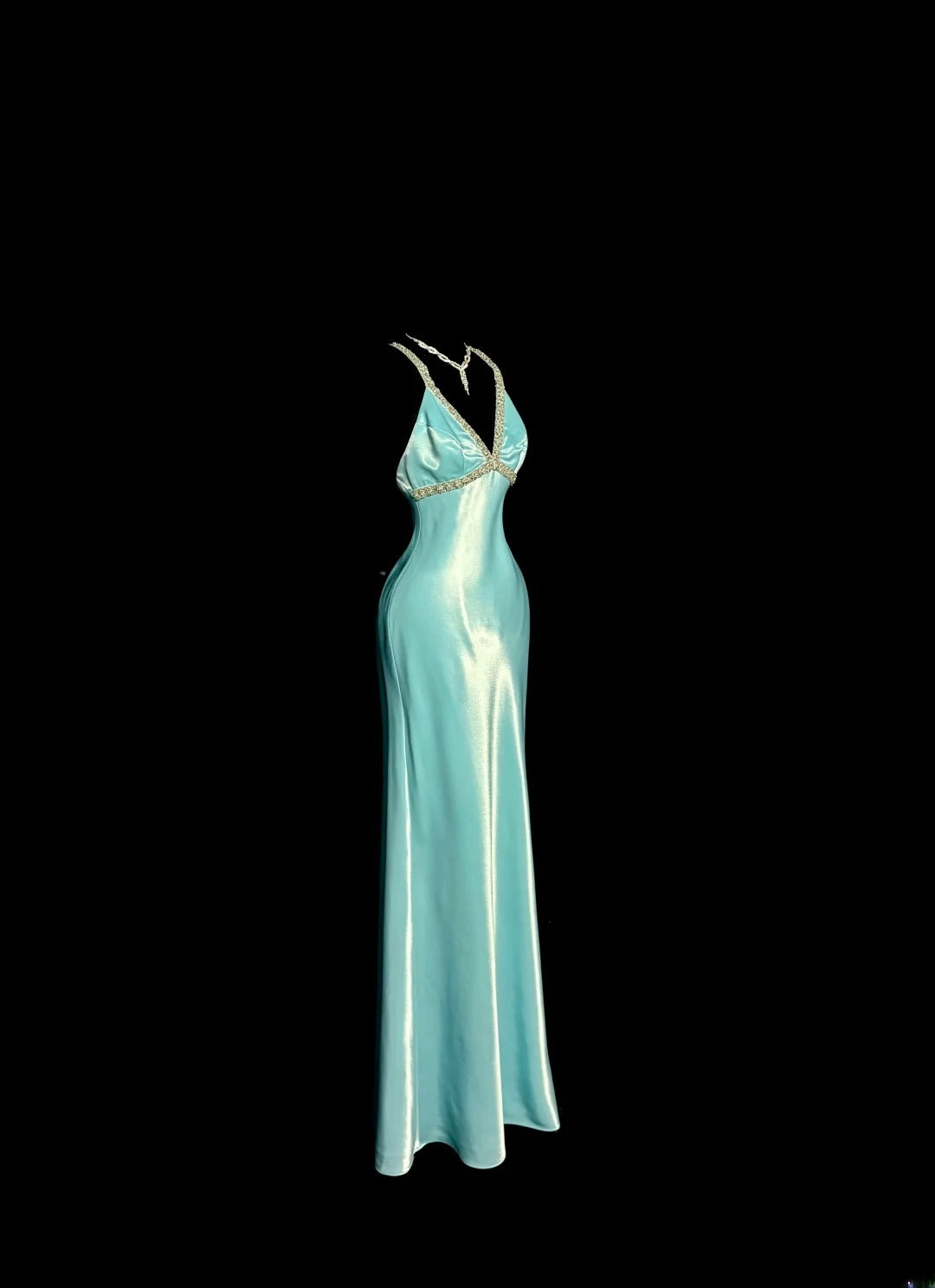 Elegant Long Prom Dresses Blue Mermaid Spaghetti Strap V Neck Satin Formal Dress Graduation Gown MP367