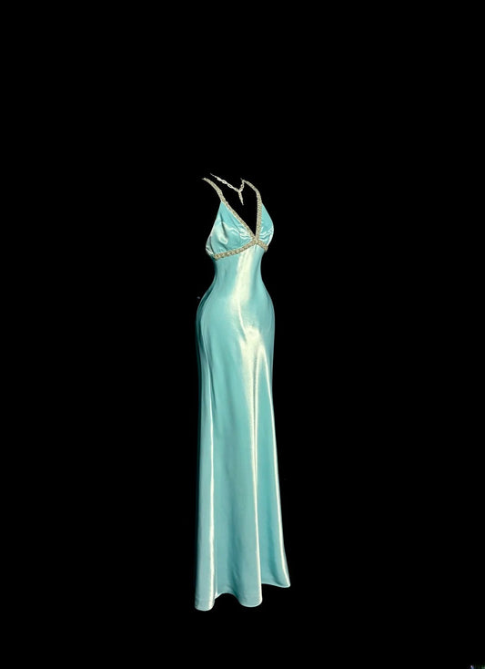 Elegant Long Prom Dresses Blue Mermaid Spaghetti Strap V Neck Satin Formal Dress Graduation Gown MP367