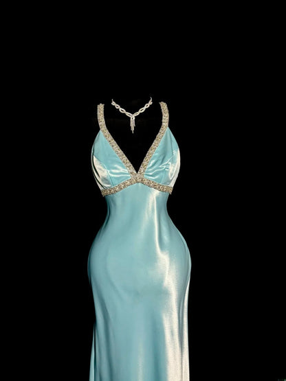 Elegant Long Prom Dresses Blue Mermaid Spaghetti Strap V Neck Satin Formal Dress Graduation Gown MP367