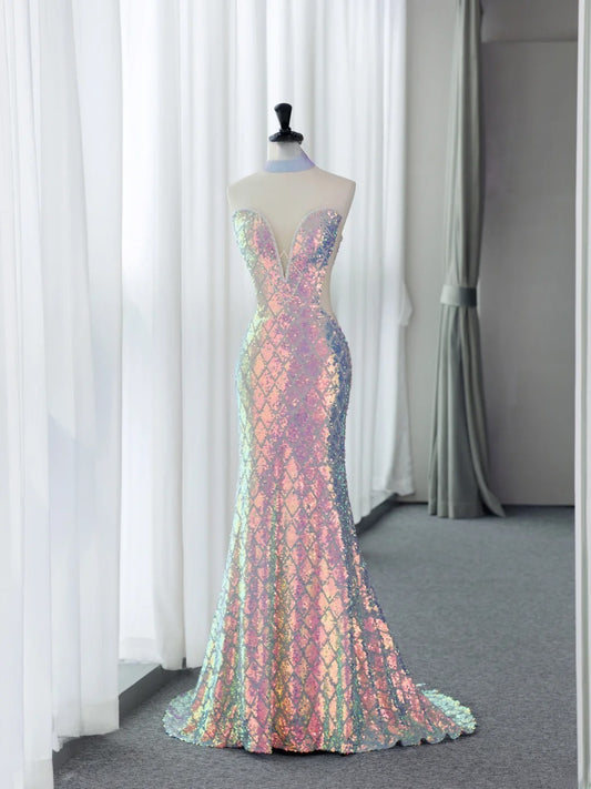 Fancy Prom Dresses Aesthetic Strapless Sequins Long Mermaid Formal Dress MP232