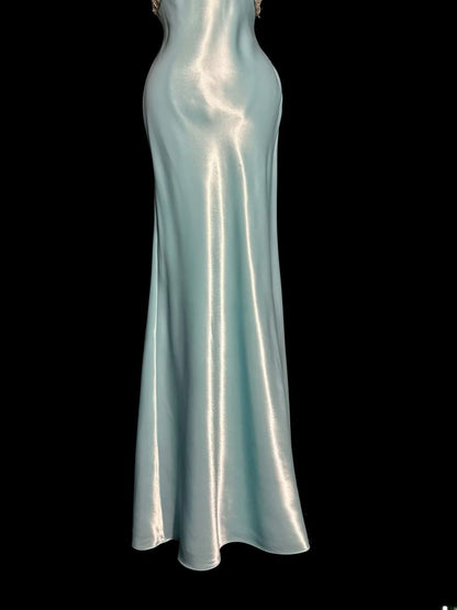 Elegant Long Prom Dresses Blue Mermaid Spaghetti Strap V Neck Satin Formal Dress Graduation Gown MP367