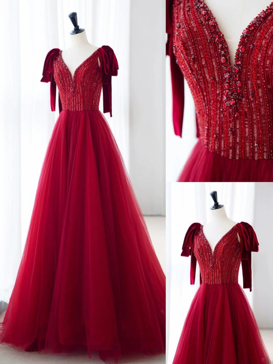 Red Prom Dresses Elegant Spaghetti Straps A-line Beads Sequins Long Formal Dress MP233