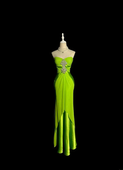 Vintage Long 50s Prom Dresses Green Mermaid Sweetheart Chiffon Satin Formal Dress Graduation Gown MP368