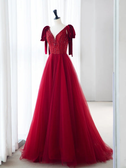 Rote Ballkleider Elegant Spaghettiträger A-Linie Perlen Pailletten Langes Abendkleid MP233