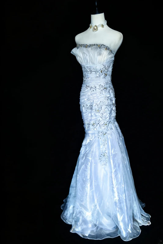 Vintage Mermaid Strapless Aesthetic Long Prom Dresses For Senior Year Light Sky Blue Evening Dress MP090