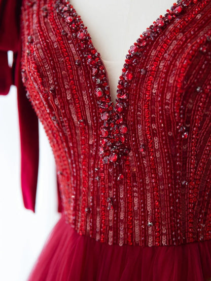 Rote Ballkleider Elegant Spaghettiträger A-Linie Perlen Pailletten Langes Abendkleid MP233