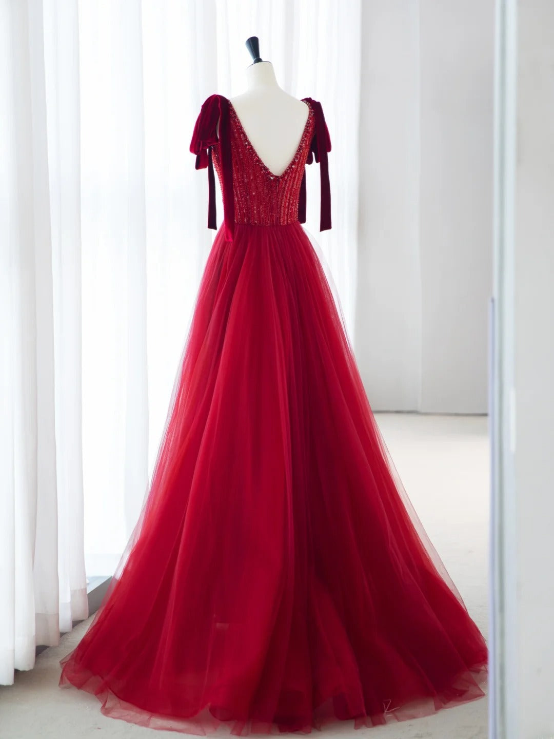 Rote Ballkleider Elegant Spaghettiträger A-Linie Perlen Pailletten Langes Abendkleid MP233