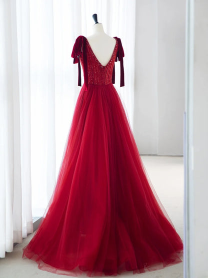 Rote Ballkleider Elegant Spaghettiträger A-Linie Perlen Pailletten Langes Abendkleid MP233