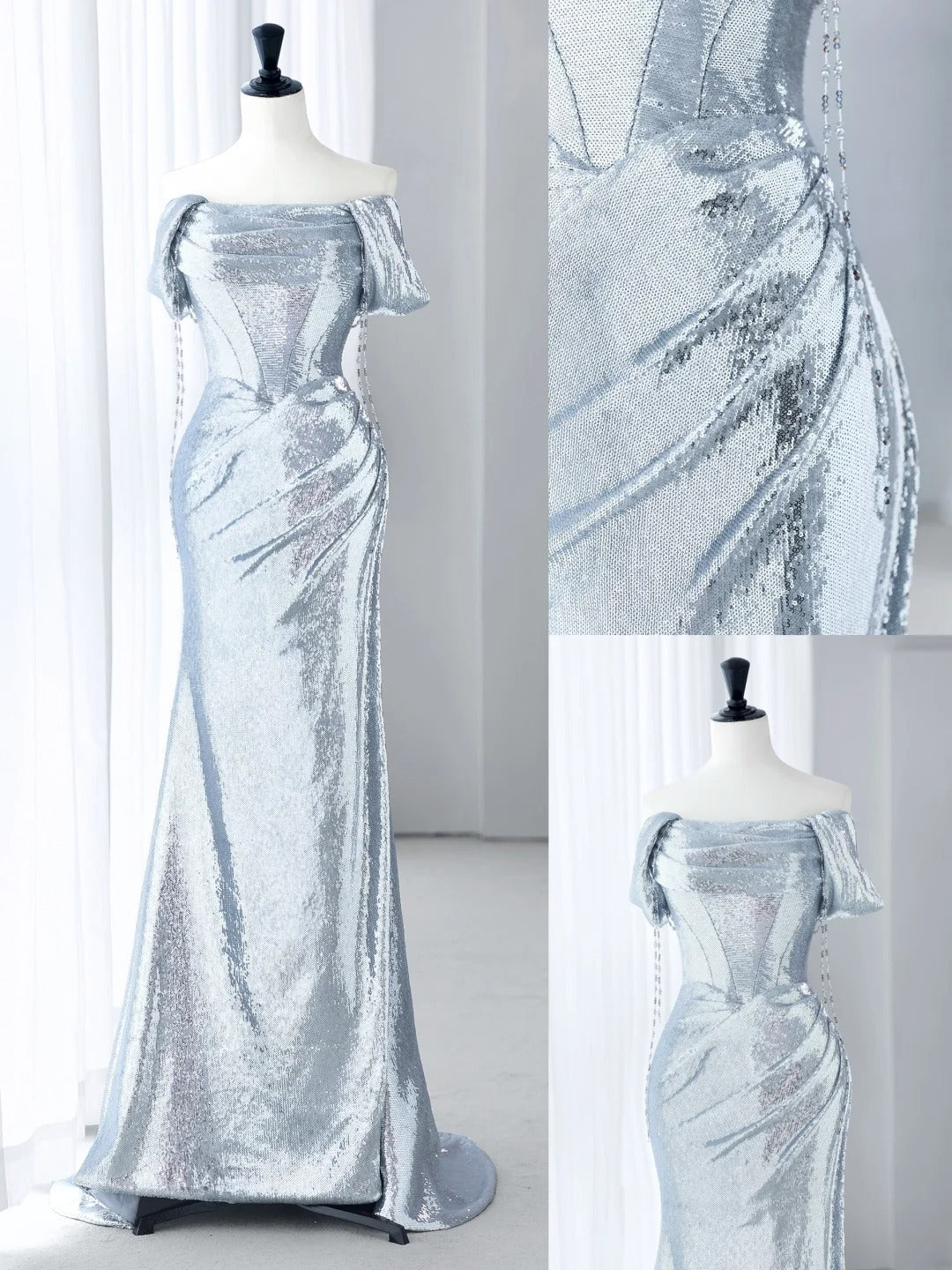 Robes de bal bleu clair Esthétique Robe de soirée sirène à paillettes épaules dénudées MP234
