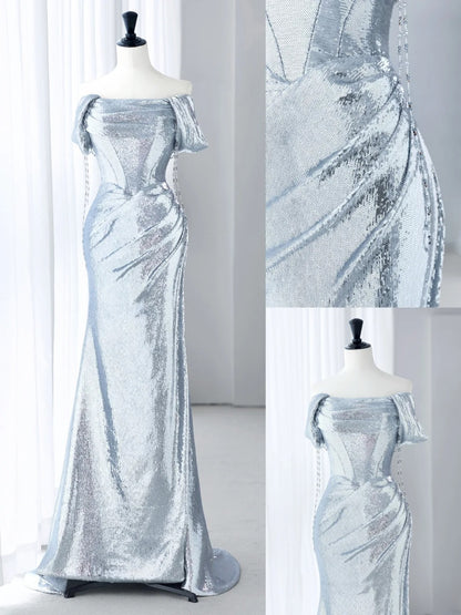 Robes de bal bleu clair Esthétique Robe de soirée sirène à paillettes épaules dénudées MP234